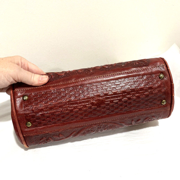 Vintage red tooled leather handbag purse Boho southwestern unique retro bag - Picture 7 of 12